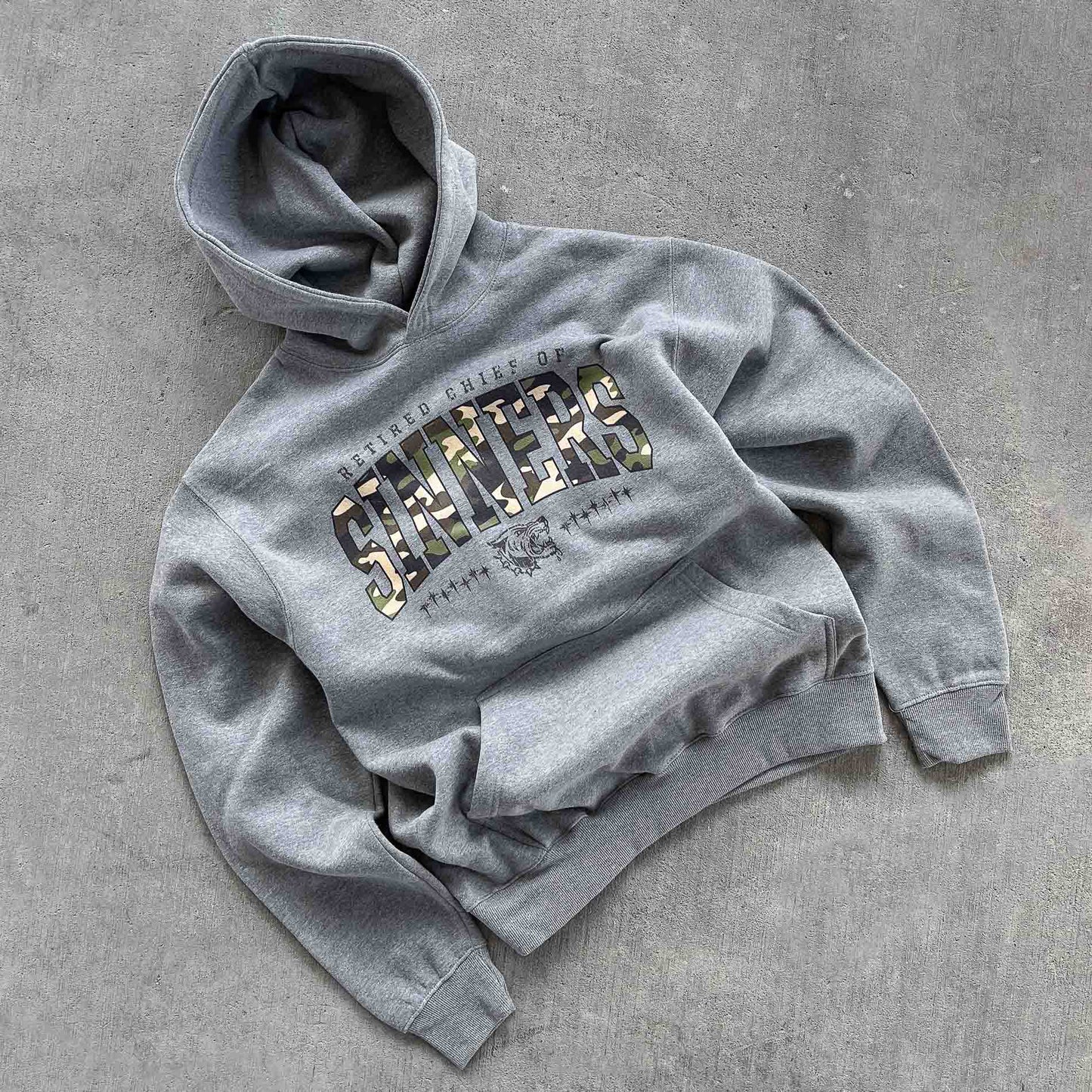 "RETIRED CHIEF OF SINNERS" HOODIE - REVERSE CAMO PRINT / GREY
