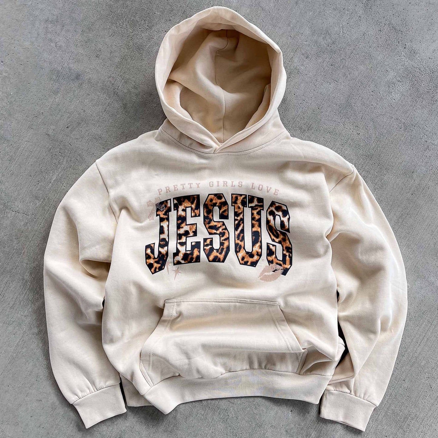 "PRETTY GIRLS LOVE JESUS" HOODIE - REVERSE LEOPARD PRINT / SANDSHELL