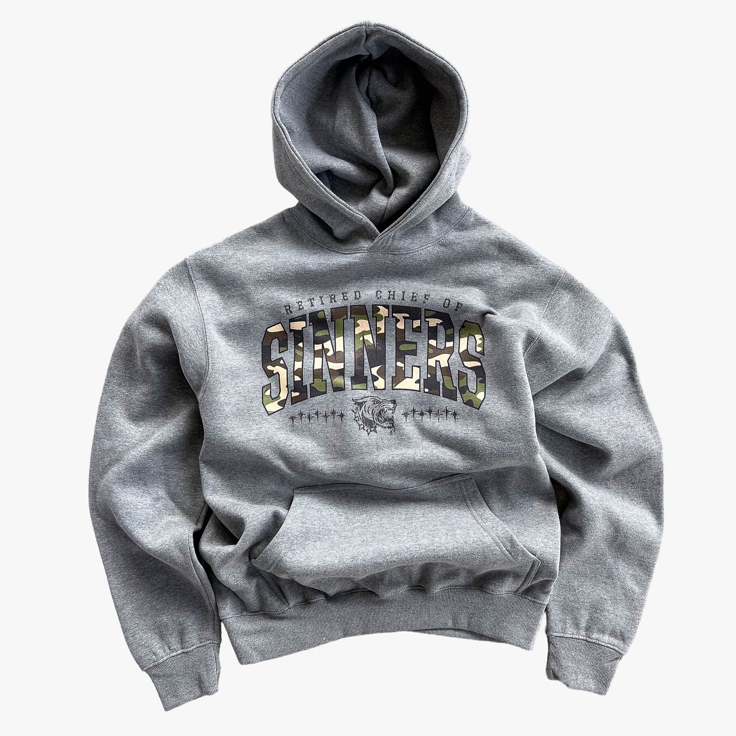 "RETIRED CHIEF OF SINNERS" HOODIE - REVERSE CAMO PRINT / GREY