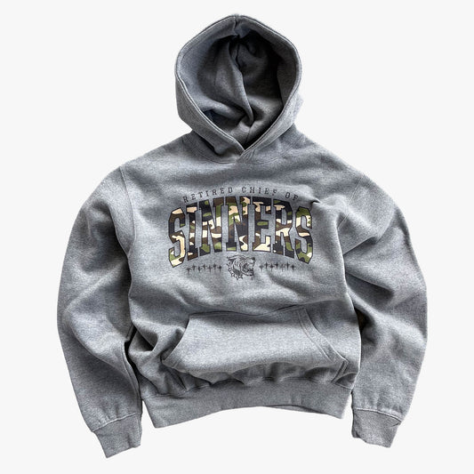 "RETIRED CHIEF OF SINNERS" HOODIE - REVERSE CAMO PRINT / GREY