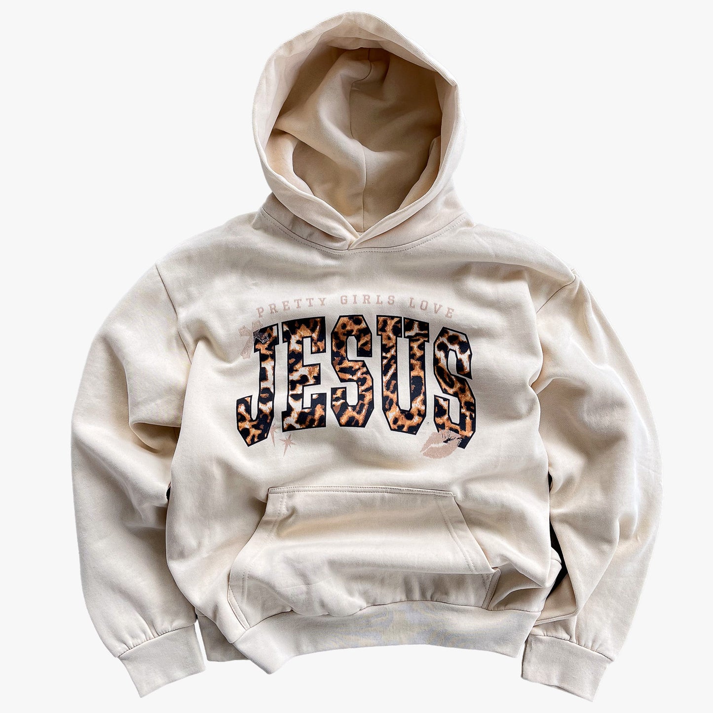 "PRETTY GIRLS LOVE JESUS" HOODIE - REVERSE LEOPARD PRINT / SANDSHELL