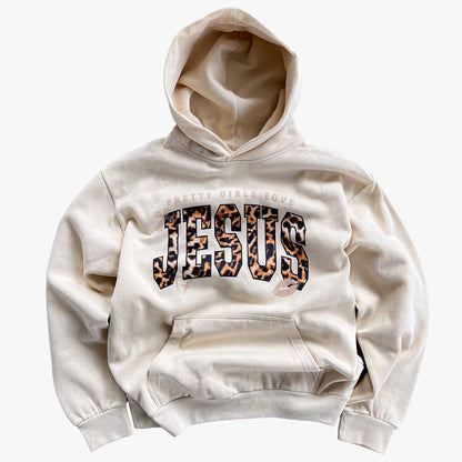 "PRETTY GIRLS LOVE JESUS" HOODIE - REVERSE LEOPARD PRINT / SANDSHELL
