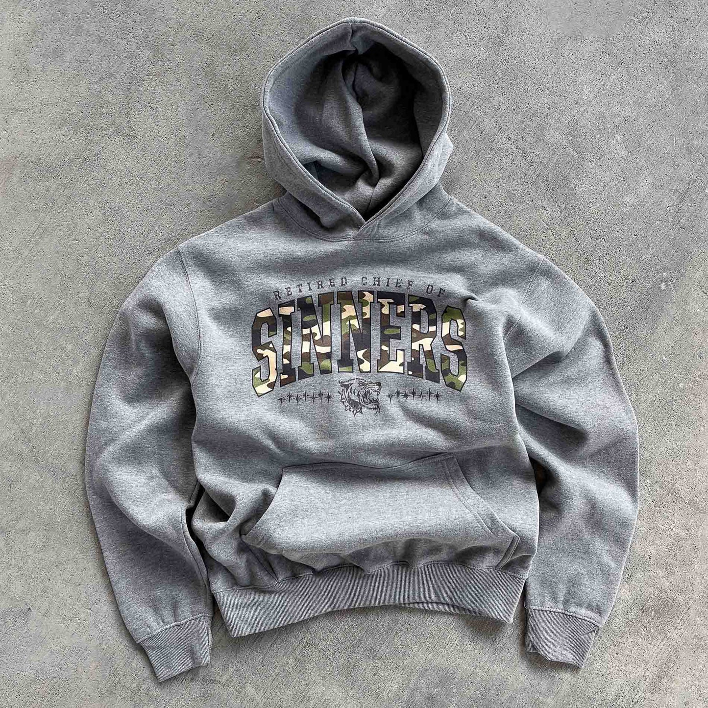 "RETIRED CHIEF OF SINNERS" HOODIE - REVERSE CAMO PRINT / GREY