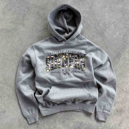 "RETIRED CHIEF OF SINNERS" HOODIE - REVERSE CAMO PRINT / GREY