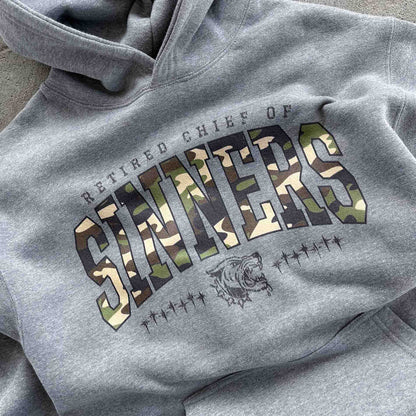 "RETIRED CHIEF OF SINNERS" HOODIE - REVERSE CAMO PRINT / GREY