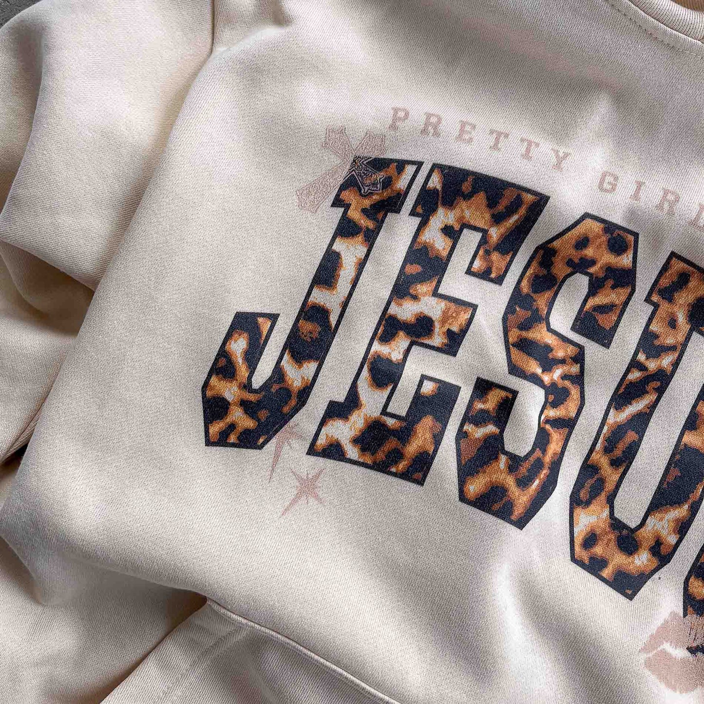 "PRETTY GIRLS LOVE JESUS" HOODIE - REVERSE LEOPARD PRINT / SANDSHELL