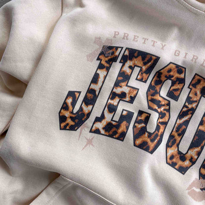 "PRETTY GIRLS LOVE JESUS" HOODIE - REVERSE LEOPARD PRINT / SANDSHELL