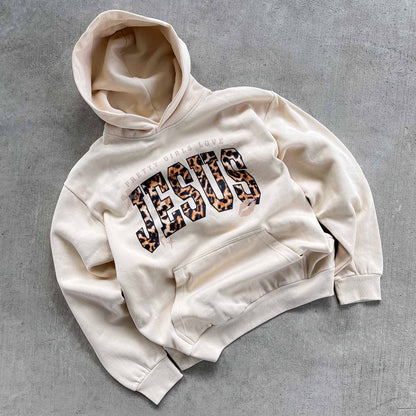 "PRETTY GIRLS LOVE JESUS" HOODIE - REVERSE LEOPARD PRINT / SANDSHELL