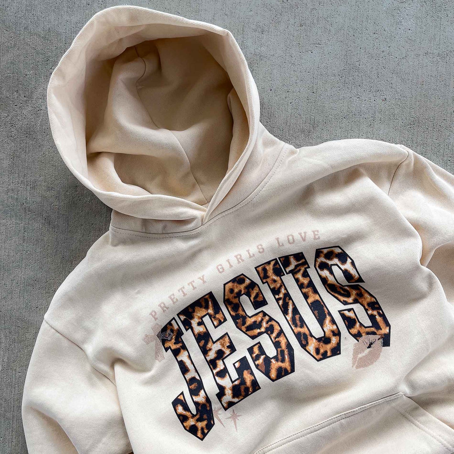 "PRETTY GIRLS LOVE JESUS" HOODIE - REVERSE LEOPARD PRINT / SANDSHELL